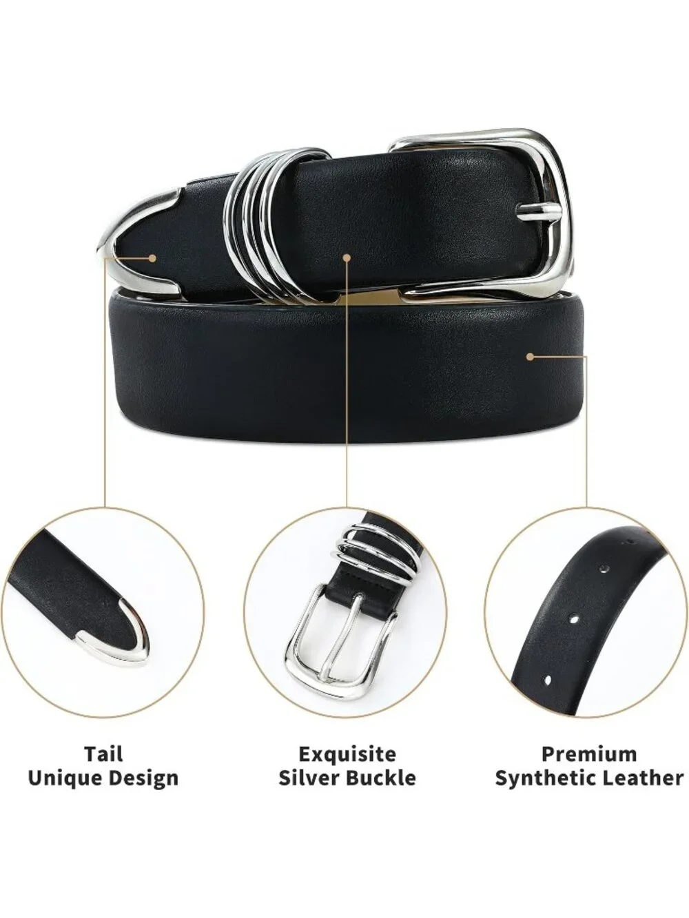 Women Black Leather Dress Belt For Jeans Pants Fashion With Classic Gold Buckle